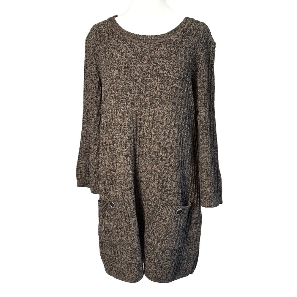 Karen Scott Brown/Black Marled Knit Sweater MED Pockets 3/4 Sleeve Tunic Dress